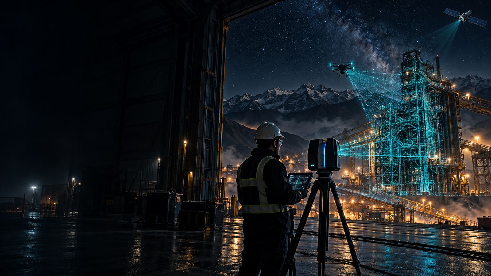 Técnico con láser escáner sobre trípode y un dron sobrevolando una planta industrial de noche, ilustración