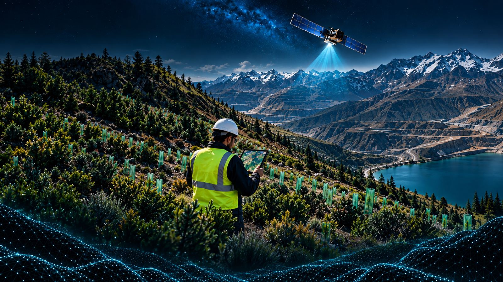 Especialista en terreno con tablet observando un territorio monitoreado desde satélite
