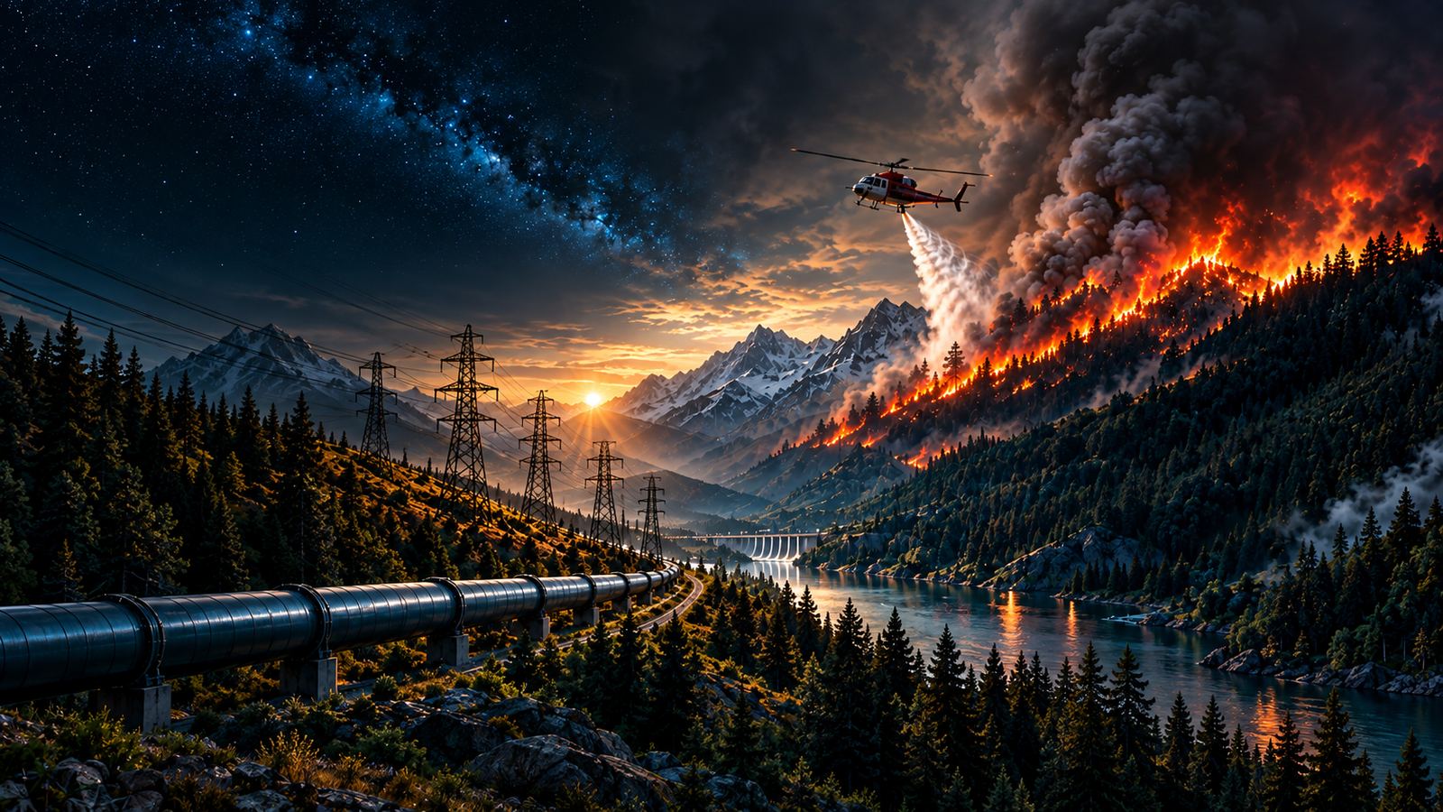 Incendio forestal combatido desde el aire junto a infraestructura crítica