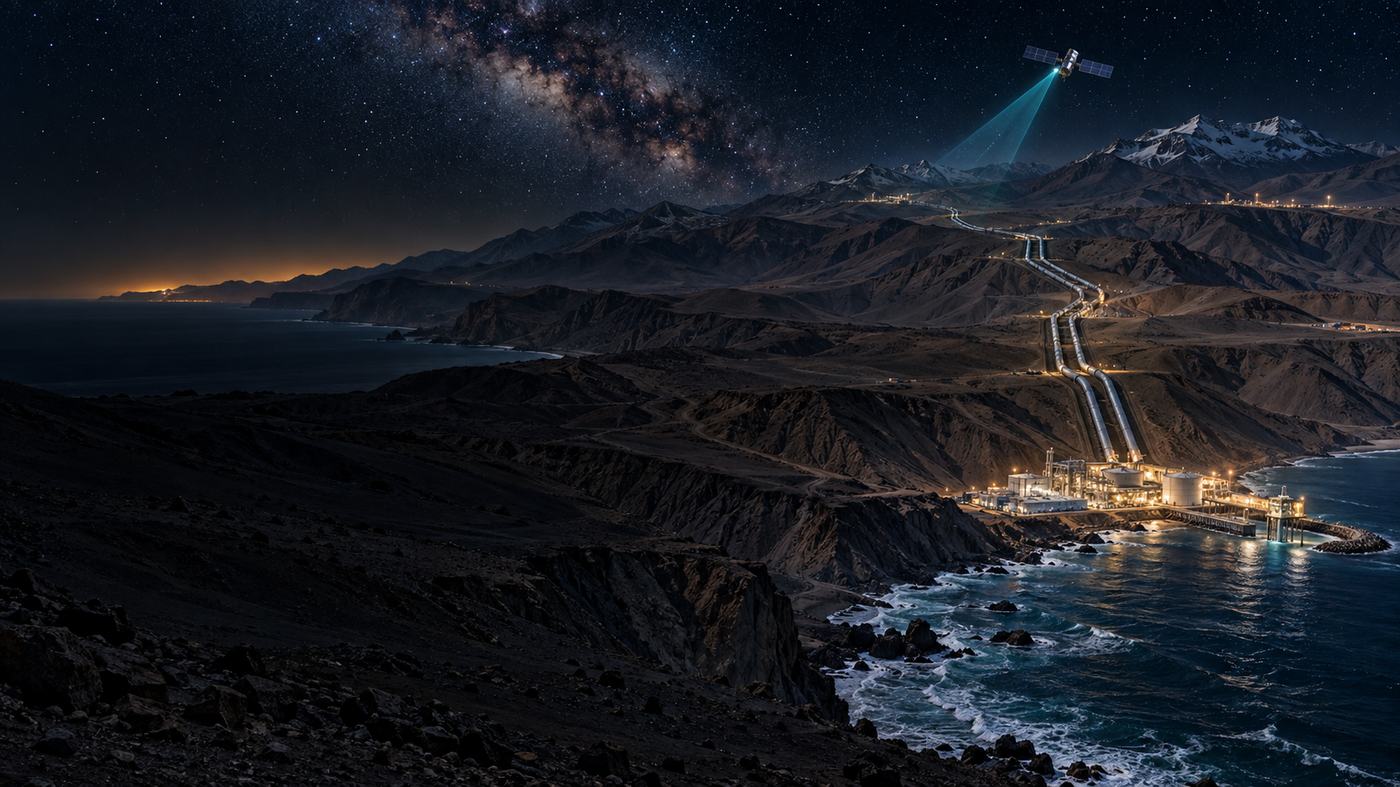 Planta desaladora en la costa y ducto ascendiendo la cordillera, ilustración