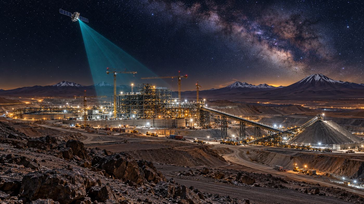 Obra de una nueva planta con grúas y estructuras, bajo un satélite, ilustración